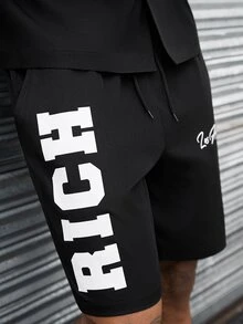 SLATEMANN Men's Letter Print Single-Breasted Short Sleeve Shirt And Shorts Casual Daily Set - Black - View 5