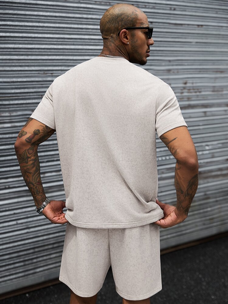 SLATEMANN Men's Comfortable Sand-Washed Fabric Crew Neck Short Sleeve T-Shirt And Shorts 2 Pieces Set, Casual Modest Loungewear Beige - Apricot - View 5