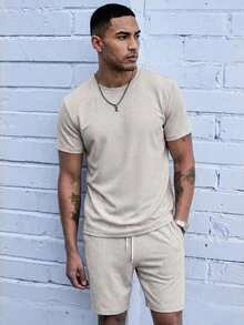 SLATEMANN Men's Comfortable Sand-Washed Fabric Crew Neck Short Sleeve T-Shirt And Shorts 2 Pieces Set, Casual Modest Loungewear Beige - Apricot - View 1