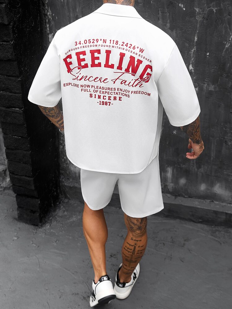 SLATEMANN Men's Slogan Graphic Short Sleeve Shirt And Shorts Casual Set - White - View 2