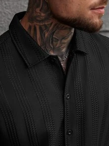SLATEMANN Camisa casual de manga corta con textura y rayas negras para hombres - Negro - Ver 5