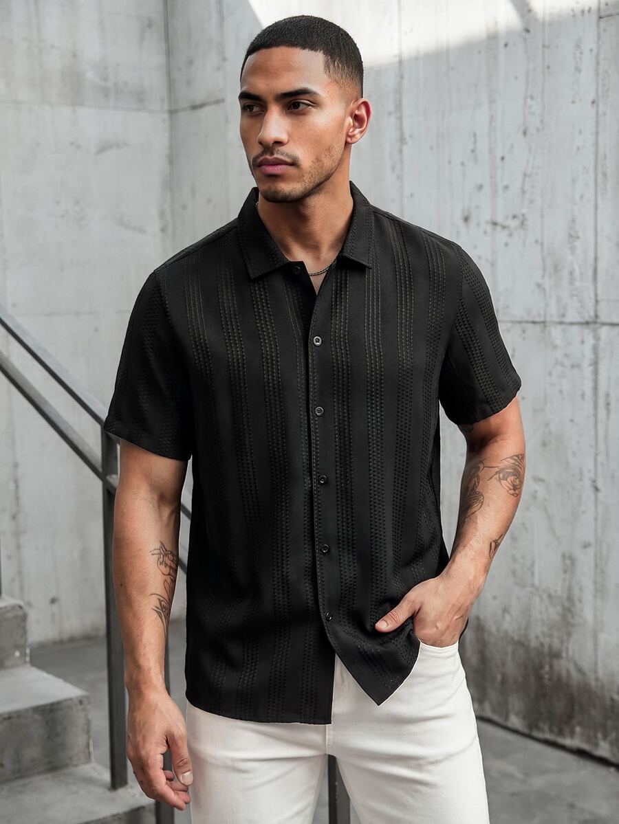 SLATEMANN Camisa casual de manga corta con textura y rayas negras para hombres - Negro - Ver 1