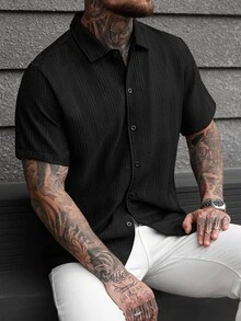 SLATEMANN Camisa casual de manga corta con textura y rayas negras para hombres - Negro - Ver 2