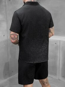 SLATEMANN Men's Black 2 Piece Short Sleeve Shirt Set,Summer Streetwear City Break Textured Button Down Outfits,Fashion Sequin Rhinestone Solid Color Casual Set - Black - View 5
