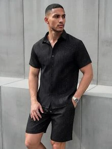 SLATEMANN Men's Black 2 Piece Short Sleeve Shirt Set,Summer Streetwear City Break Textured Button Down Outfits,Fashion Sequin Rhinestone Solid Color Casual Set - Black - View 1