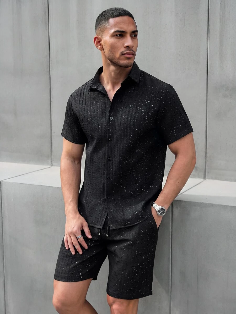 SLATEMANN Men's Black 2 Piece Short Sleeve Shirt Set,Summer Streetwear City Break Textured Button Down Outfits,Fashion Sequin Rhinestone Solid Color Casual Set - Black - View 1