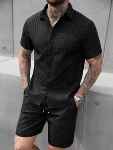 SLATEMANN Men's Black 2 Piece Short Sleeve Shirt Set,Summer Streetwear City Break Textured Button Down Outfits,Fashion Sequin Rhinestone Solid Color Casual Set - Black - View 2