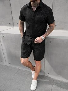 SLATEMANN Men's Black 2 Piece Short Sleeve Shirt Set,Summer Streetwear City Break Textured Button Down Outfits,Fashion Sequin Rhinestone Solid Color Casual Set - Black - View 4