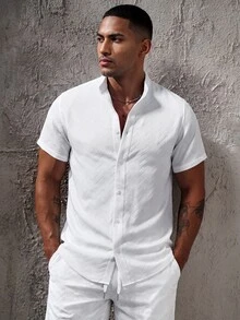 SLATEMANN Men's White Casual Short Sleeve Stand Collar Button-Up Shirt, Formal - White - View 1