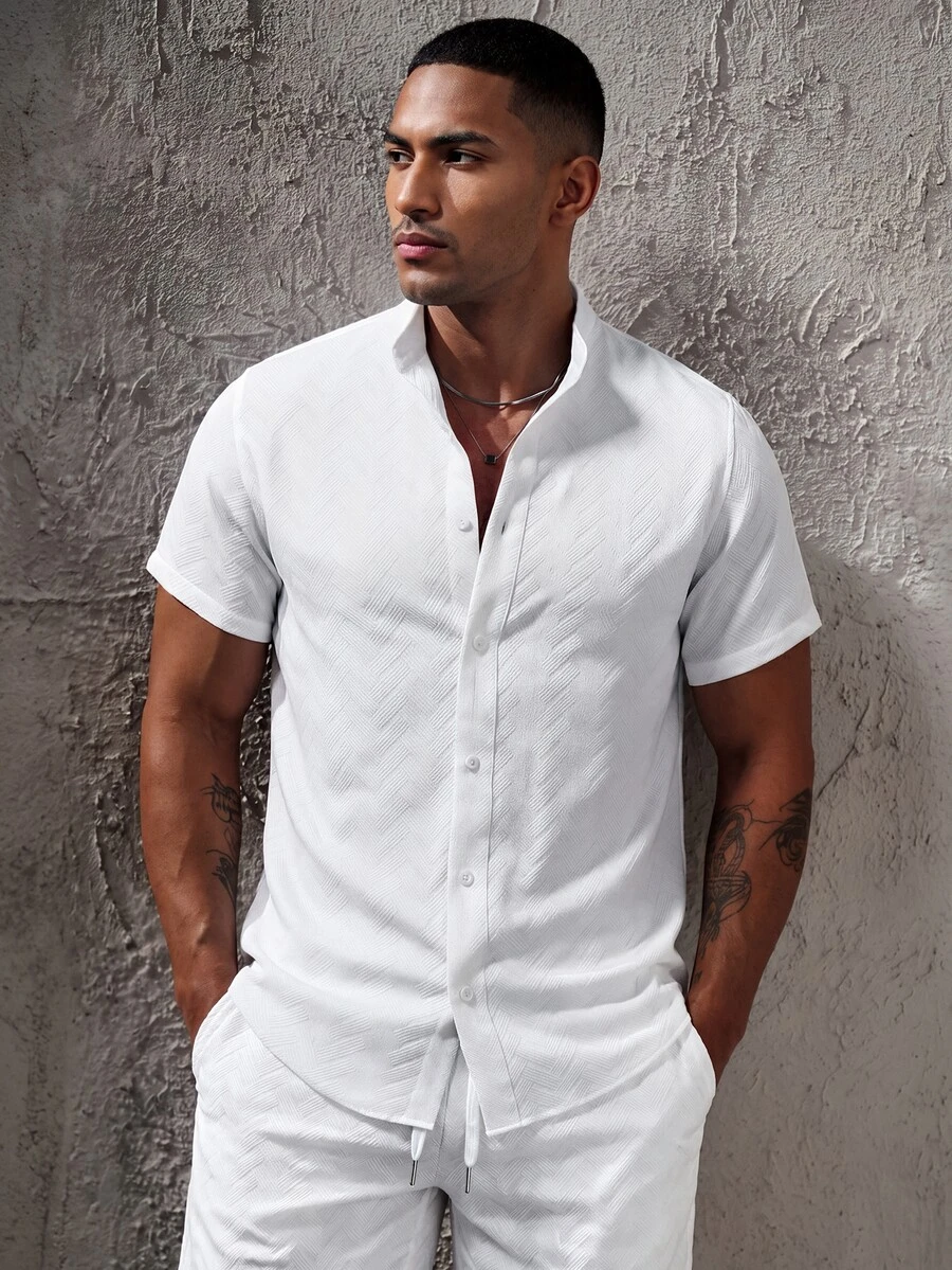 SLATEMANN Men's White Casual Short Sleeve Stand Collar Button-Up Shirt, Formal - White - View 1
