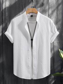 SLATEMANN Men's White Casual Short Sleeve Stand Collar Button-Up Shirt, Formal - White - View 3