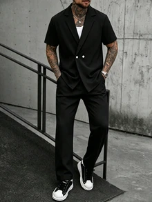 Manfinity Roughcore Men's Solid Color Short Sleeve Shirt And Long Pants Casual Daily Outfit - Black - View 2