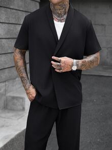 Manfinity Roughcore Men's Solid Color Short Sleeve Shirt And Long Pants Casual Daily Outfit - Black - View 5