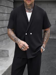 Manfinity Roughcore Men's Solid Color Short Sleeve Shirt And Long Pants Casual Daily Outfit - Black - View 7