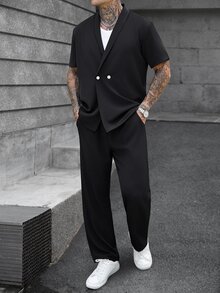 Manfinity Roughcore Men's Solid Color Short Sleeve Shirt And Long Pants Casual Daily Outfit - Black - View 4