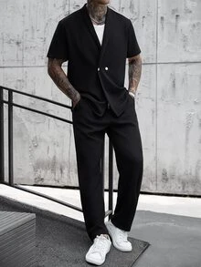 Manfinity Roughcore Men's Solid Color Short Sleeve Shirt And Long Pants Casual Daily Outfit - Black - View 3