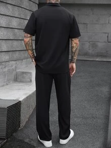 Manfinity Roughcore Men's Solid Color Short Sleeve Shirt And Long Pants Casual Daily Outfit - Black - View 6