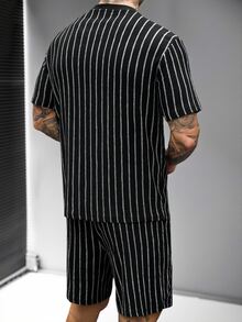SLATEMANN Men's Letter Print Striped Short Sleeve T-Shirt And Shorts Casual Set - Black - View 4