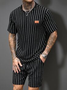 SLATEMANN Men's Letter Print Striped Short Sleeve T-Shirt And Shorts Casual Set - Black - View 3
