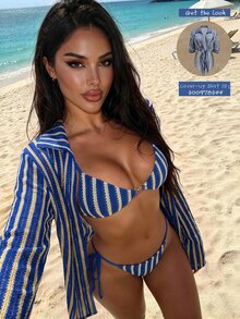 Swim SXY-D Women's Blue & White Striped Jacquard Fabric Spaghetti Strap Metal Decor Bikini Set, Spring/Summer - Blue and White - View 1
