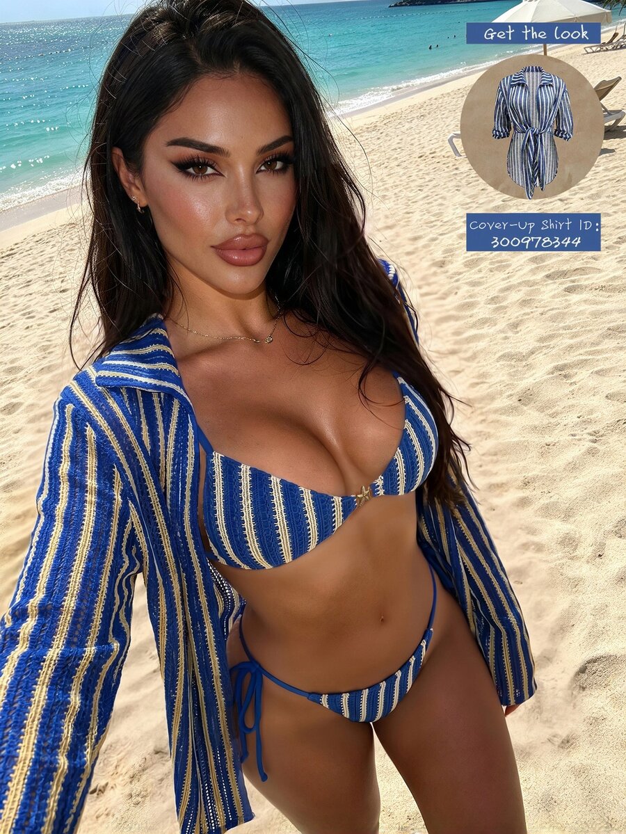 Swim SXY-D Women's Blue & White Striped Jacquard Fabric Spaghetti Strap Metal Decor Bikini Set, Spring/Summer - Blue and White - View 1
