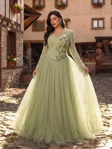 Aureia Plus Size Elegant Romantic Eyelash Lace Contrast Mesh A-Line Long Dress With 3D Floral Handmade Rhinestone Decor, Suitable For Wedding, Vacation, Prom, Bridesmaid, Formal Evening Gown - Green - View 3