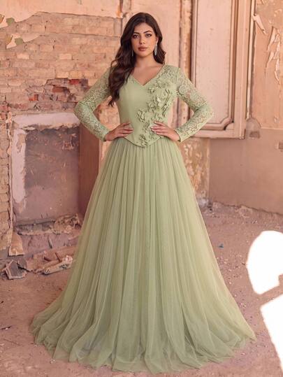 Aureia Plus Size Elegant Romantic Eyelash Lace Contrast Mesh A-Line Long Dress With 3D Floral Handmade Rhinestone Decor, Suitable For Wedding, Vacation, Prom, Bridesmaid, Formal Evening Gown
