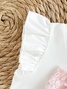 SHEIN 6-9M-2-3Y 嬰兒女童兩件套，甜美藍色花卉提花布料蝴蝶結裝飾飛袖圓領上衣 & 彈性腰藍色開衩下擺短褲，適合日常穿著、派對及其他場合 - 粉色 - 查看 7