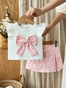 SHEIN 6-9M-2-3Y 嬰兒女童兩件套，甜美藍色花卉提花布料蝴蝶結裝飾飛袖圓領上衣 & 彈性腰藍色開衩下擺短褲，適合日常穿著、派對及其他場合 - 粉色 - 查看 5