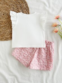 SHEIN 6-9M-2-3Y 嬰兒女童兩件套，甜美藍色花卉提花布料蝴蝶結裝飾飛袖圓領上衣 & 彈性腰藍色開衩下擺短褲，適合日常穿著、派對及其他場合 - 粉色 - 查看 2