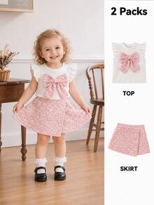 SHEIN 6-9M-2-3Y 嬰兒女童兩件套，甜美藍色花卉提花布料蝴蝶結裝飾飛袖圓領上衣 & 彈性腰藍色開衩下擺短褲，適合日常穿著、派對及其他場合 - 粉色 - 查看 3