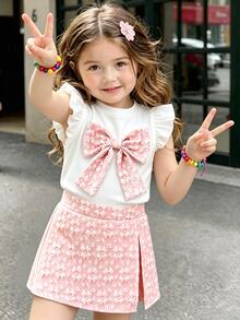 SHEIN 6-9M-2-3Y 嬰兒女童兩件套，甜美藍色花卉提花布料蝴蝶結裝飾飛袖圓領上衣 & 彈性腰藍色開衩下擺短褲，適合日常穿著、派對及其他場合 - 粉色 - 查看 1