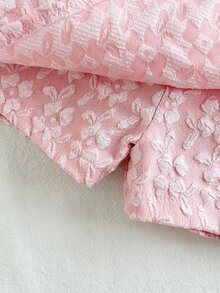 SHEIN 6-9M-2-3Y 嬰兒女童兩件套，甜美藍色花卉提花布料蝴蝶結裝飾飛袖圓領上衣 & 彈性腰藍色開衩下擺短褲，適合日常穿著、派對及其他場合 - 粉色 - 查看 9
