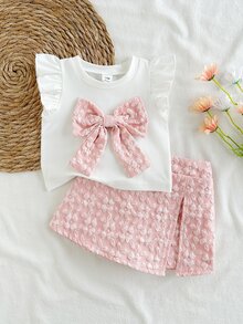 SHEIN 6-9M-2-3Y 嬰兒女童兩件套，甜美藍色花卉提花布料蝴蝶結裝飾飛袖圓領上衣 & 彈性腰藍色開衩下擺短褲，適合日常穿著、派對及其他場合 - 粉色 - 查看 6