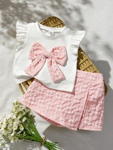SHEIN 6-9M-2-3Y 嬰兒女童兩件套，甜美藍色花卉提花布料蝴蝶結裝飾飛袖圓領上衣 & 彈性腰藍色開衩下擺短褲，適合日常穿著、派對及其他場合 - 粉色 - 查看 4