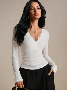 Poéselle Women's White Lace Trim Deep V Neck Wrap Long Sleeve Ruched Fitted Top ,Going Out,Work Outfits,Elegant French Brunch Fall Winter - White - View 2