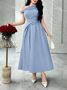 Feyla Asymmetric Ruched Waist A-Line Elegant Party Dress, Suitable For Social Gatherings - Baby Blue - View 3