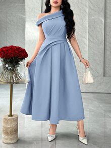 Feyla Asymmetric Ruched Waist A-Line Elegant Party Dress, Suitable For Social Gatherings - Baby Blue - View 6