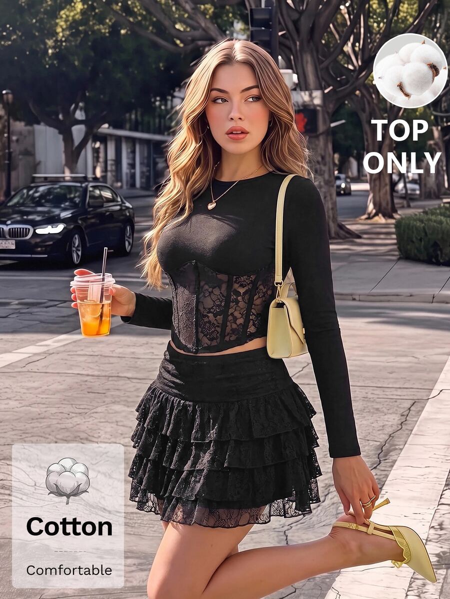 SHEIN MOD Black Lace Cutout Waist Fitted Long Sleeve T-Shirt Halloween Night Out Going Out Autumn Sexy - Black - View 1