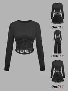 SHEIN MOD Black Lace Cutout Waist Fitted Long Sleeve T-Shirt Halloween Night Out Going Out Autumn Sexy - Black - View 2