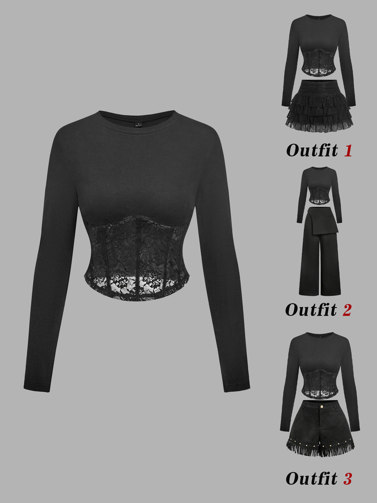 SHEIN MOD Black Lace Cutout Waist Fitted Long Sleeve T-Shirt - Black - View 2