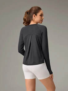 OutZeal Women Outdoor Black Tee Solid Color Workout Gym Hiking UV Protection Cool Touch Long Sleeve Cross-Over Pleat T-Shirt Summer Spring - Black - View 3
