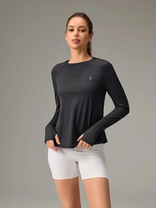 OutZeal Women Outdoor Black Tee Solid Color Workout Gym Hiking UV Protection Cool Touch Long Sleeve Cross-Over Pleat T-Shirt Summer Spring - Black - View 4