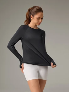 OutZeal Women Outdoor Black Tee Solid Color Workout Gym Hiking UV Protection Cool Touch Long Sleeve Cross-Over Pleat T-Shirt Summer Spring - Black - View 5