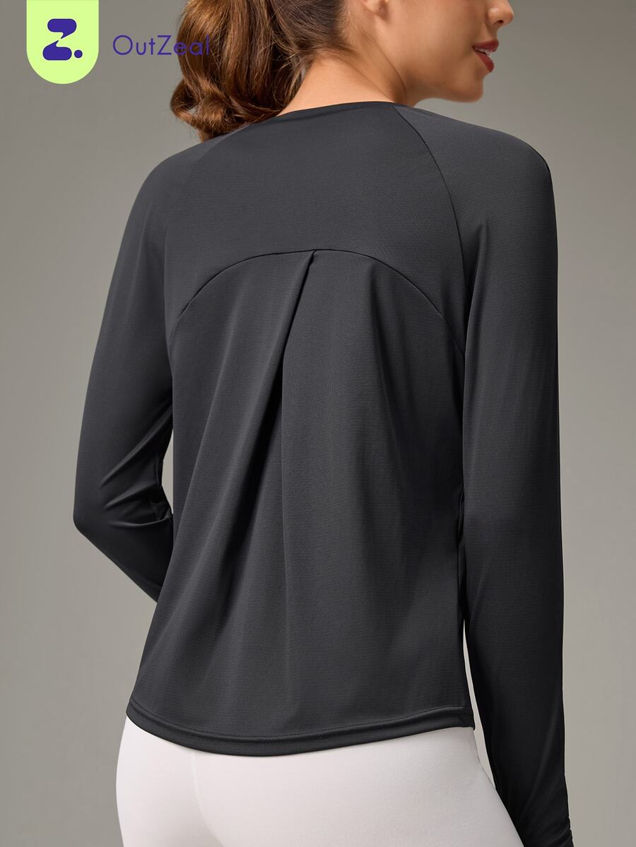 OutZeal Women Outdoor Black Tee Solid Color Workout Gym Hiking UV Protection Cool Touch Long Sleeve Cross-Over Pleat T-Shirt Summer Spring - Black - View 1