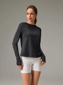OutZeal Women Outdoor Black Tee Solid Color Workout Gym Hiking UV Protection Cool Touch Long Sleeve Cross-Over Pleat T-Shirt Summer Spring - Black - View 2