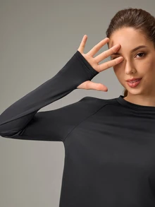 OutZeal Women Outdoor Black Tee Solid Color Workout Gym Hiking UV Protection Cool Touch Long Sleeve Cross-Over Pleat T-Shirt Summer Spring - Black - View 7