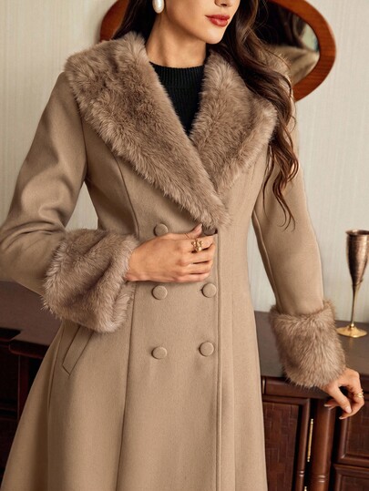 Auvina Manteau double boutonnage avec col à revers et bordure en fourrure kaki pour femmes, veste mi-longue à manches longues cintrée, tenue sophistiquée pour les occasions et les trajets professionnels
