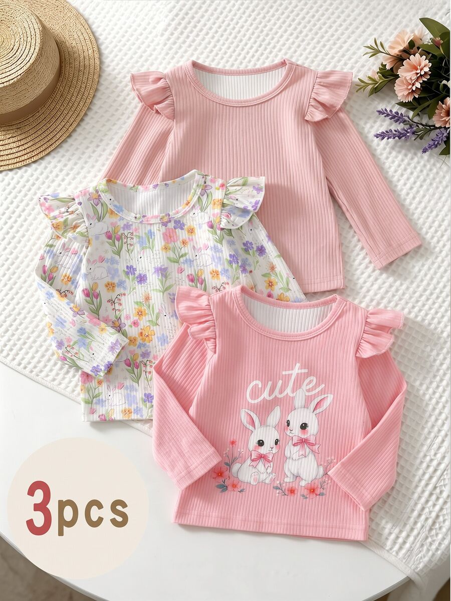 3pcs Baby Girl Autumn Clothing Set, Ruffle Flutter Sleeve Long Sleeve T-Shirt, Cute Rabbit & Floral Print, Casual & Playwear Top - Multicolor - View 1
