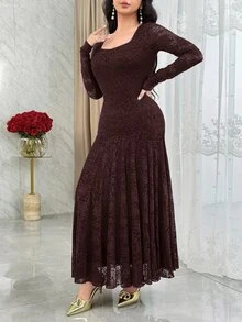Feyla Elegant Square Neck Lace Cinched Waist Mermaid Hem Cocktail Dress - Coffee Brown - View 5